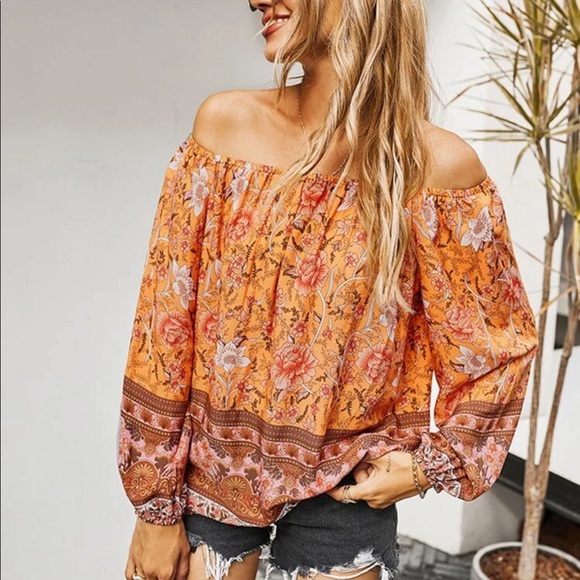 Boho floral print off shoulder blouse- Yellow - Picture 12 of 12